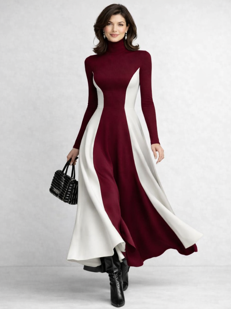 Arden | Sculpted Contrast Turtleneck Maxi Dress