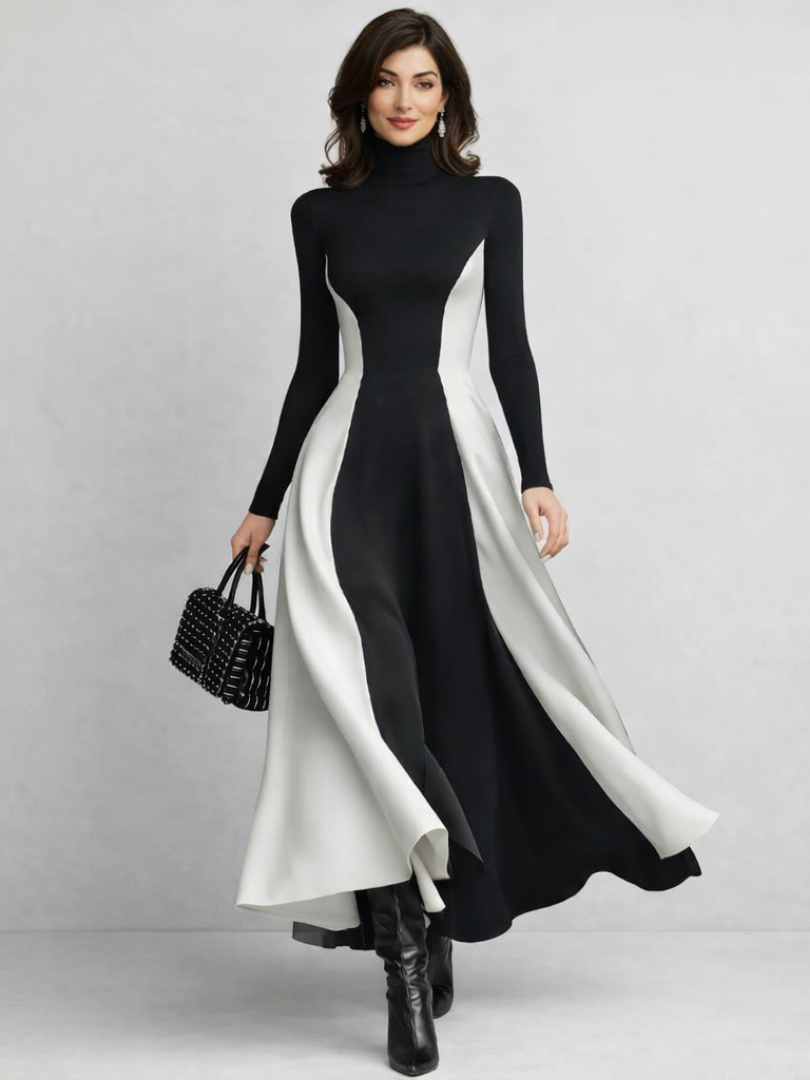 Arden | Sculpted Contrast Turtleneck Maxi Dress