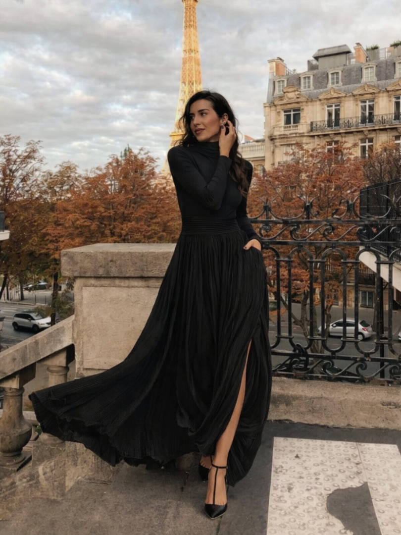 Isla | Pleated Full Skirt Turtleneck Maxi Dress