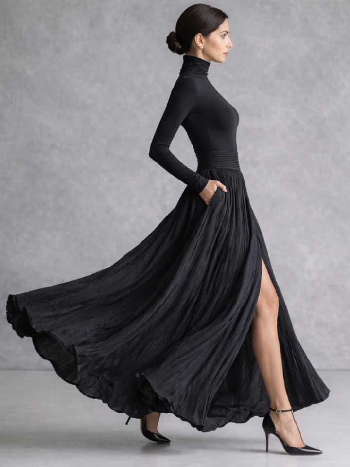 Isla | Pleated Full Skirt Turtleneck Maxi Dress